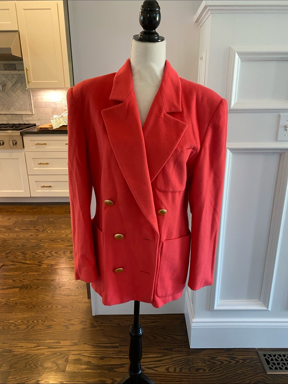 Vintage Escada Red Double-Breasted Structured Blazer with Gold Buttons